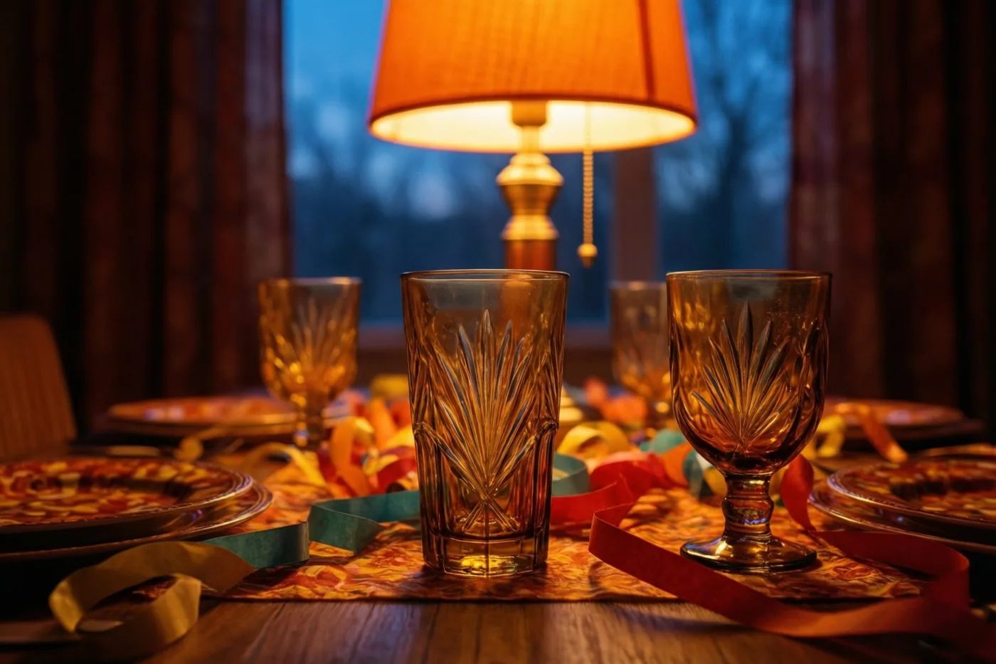 Een warm verlichte feesttafel in jarenzeventigstijl is gedekt met rookglazen, een oranje lamp en kleurrijke slingers in oranje, bruine en rode tinten.