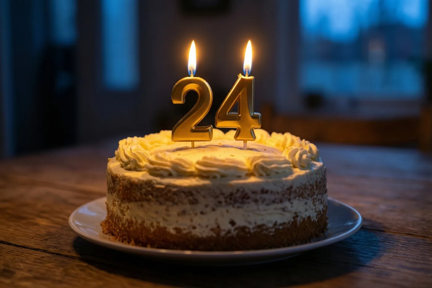 Een zelfgemaakte roomtaart met brandende cijferkaarsjes die 24 vormen staat op een houten tafel, met een zacht vervaagde blauwe achtergrond.