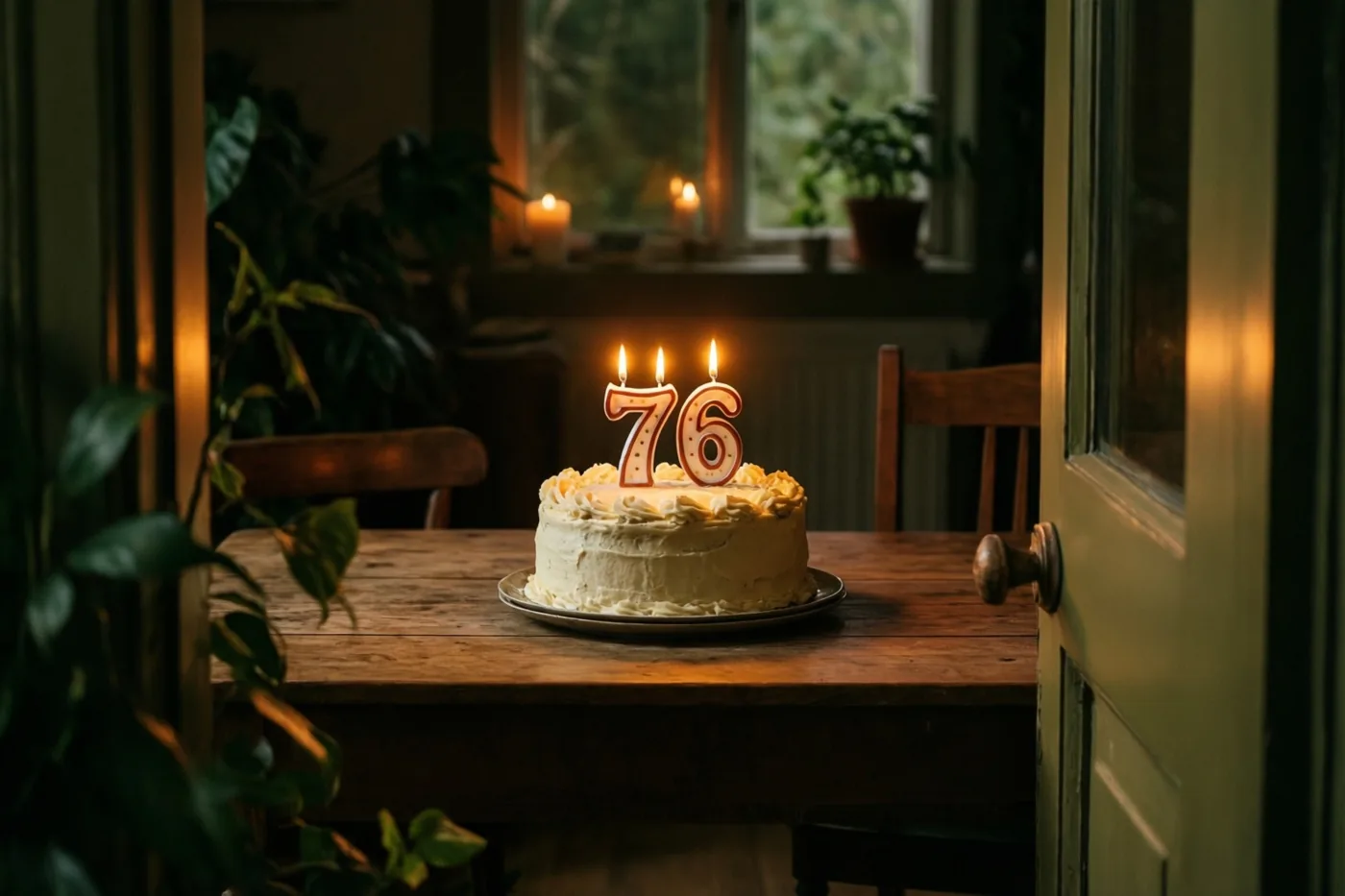 Een zelfgemaakte roomtaart met brandende cijferkaarsjes 76 staat op een houten tafel in een warm verlichte kamer met groene planten op de achtergrond.