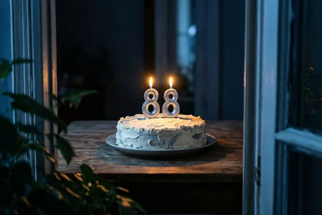 Een huisgemaakte roomtaart met twee brandende cijferkaarsjes die 88 vormen staat op een houten tafel in een donkere omgeving.