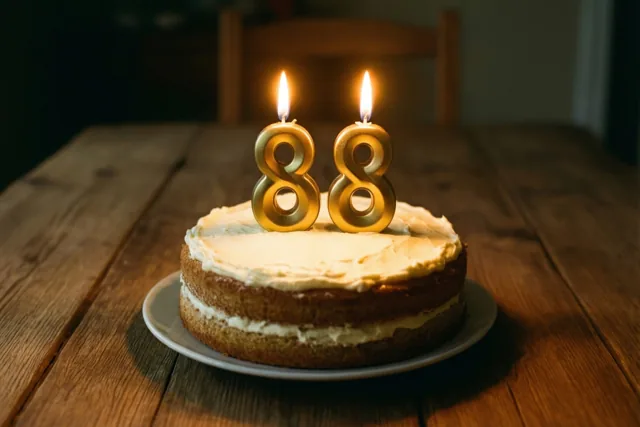 Een huisgemaakte roomtaart met twee brandende gouden cijferkaarsjes die 88 vormen staat op een houten tafel.