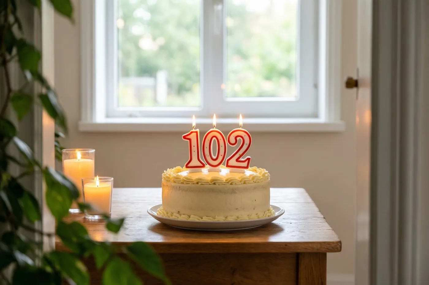Een zelfgemaakte roomtaart met brandende cijferkaarsjes die 102 vormen staat op een houten tafel bij een raam, met groen op de voorgrond.