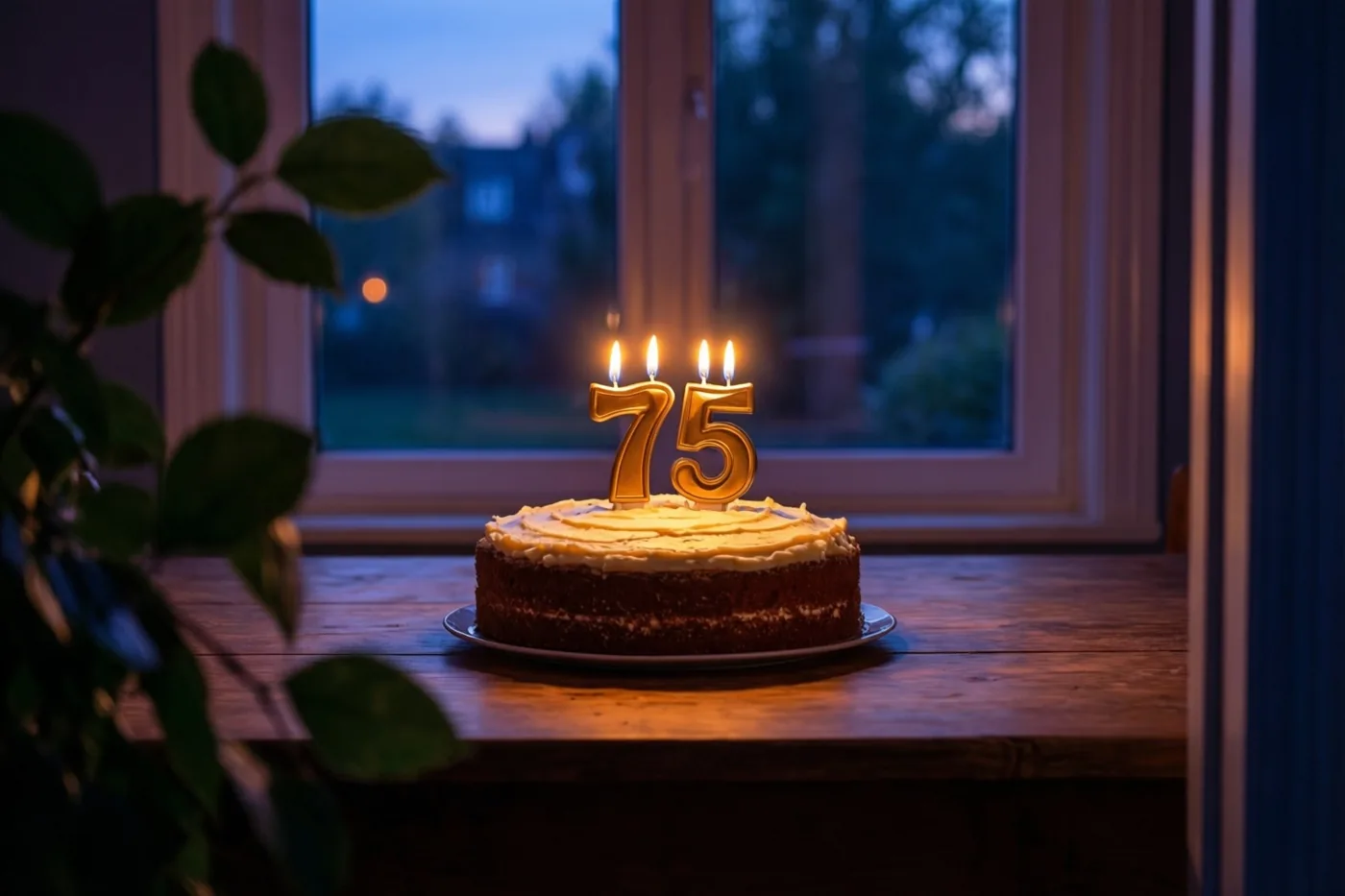 Een zelfgemaakte roomtaart met brandende cijferkaarsen die 75 vormen staat op een houten tafel bij een raam met een schemerblauwe buitenachtergrond.