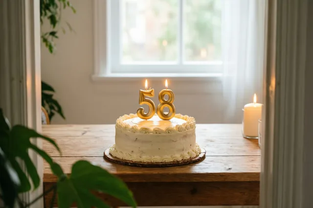 Een zelfgemaakte roomtaart met brandende gouden cijferkaarsjes 58 staat op een houten tafel bij een raam en groene planten.