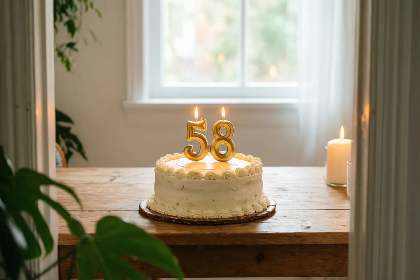 Een zelfgemaakte roomtaart met brandende gouden cijferkaarsjes 58 staat op een houten tafel bij een raam en groene planten.