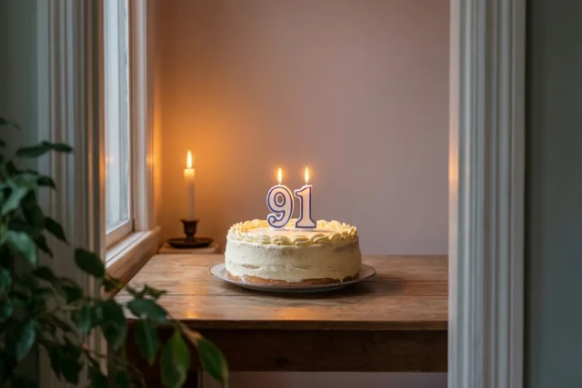Een zelfgemaakte roomtaart met brandende cijferkaarsjes 91 staat op een houten tafel bij een raam, met een groene plant op de voorgrond.