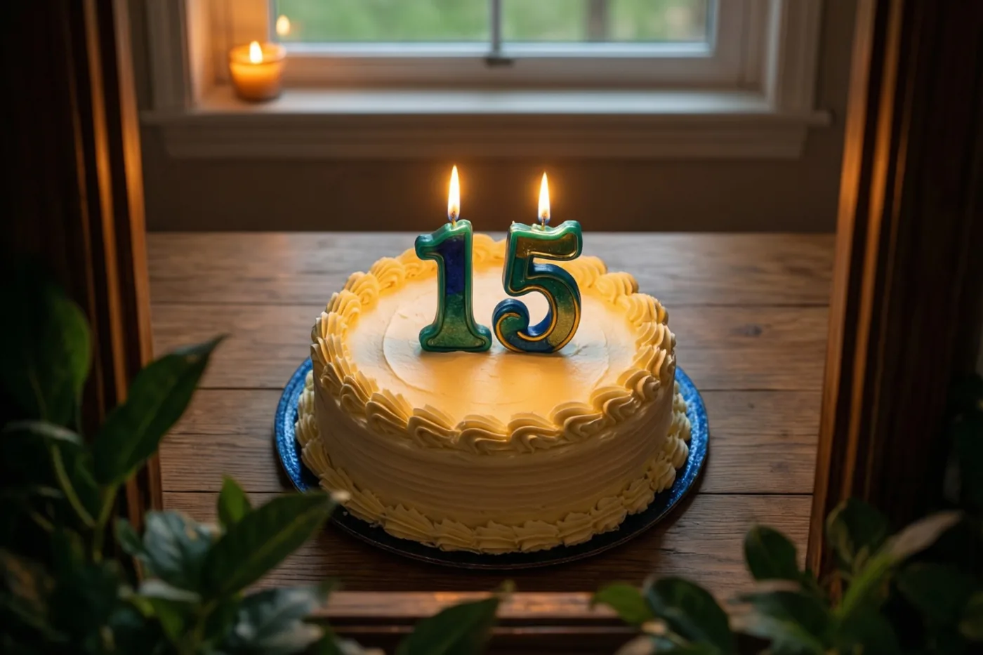 Een zelfgemaakte roomtaart met brandende cijferkaarsjes 15 staat op een houten tafel, omlijst door een raam en groen in warm kaarslicht.