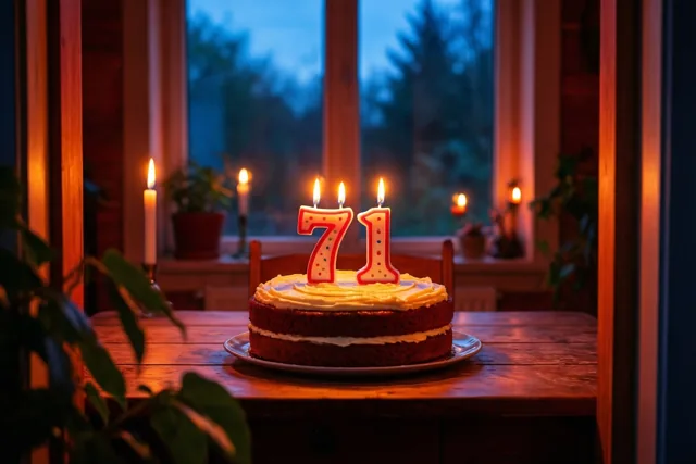 Een zelfgemaakte roomtaart met brandende cijferkaarsen 71 staat op een houten tafel bij een raam in de schemering.