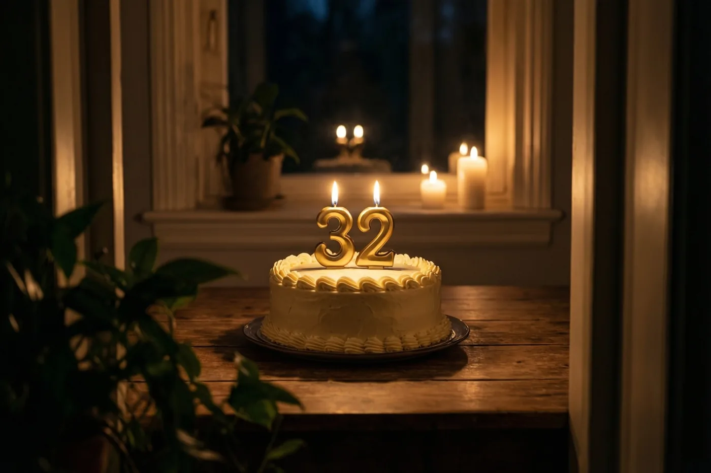 Een zelfgemaakte roomtaart met brandende cijferkaarsjes 32 staat op een houten tafel bij een raam, met meer kaarsen op de achtergrond.