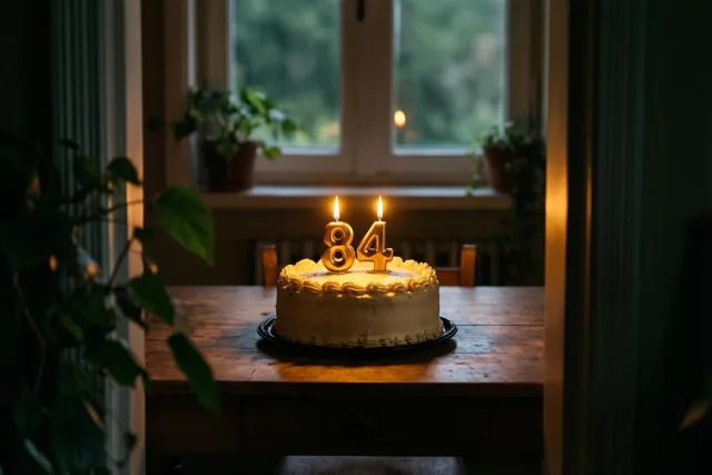 Een zelfgemaakte roomtaart met brandende cijferkaarsjes 84 staat op een houten tafel bij een raam met potplanten.
