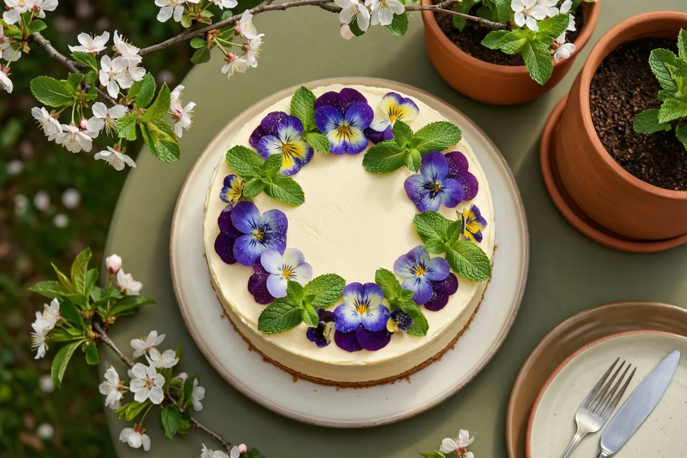 Een roomtaart met gekonfijte viooltjes en verse munt staat op een tuintafel tussen witte kersenbloesemtakken, met terracotta potten en bestek erbij.
