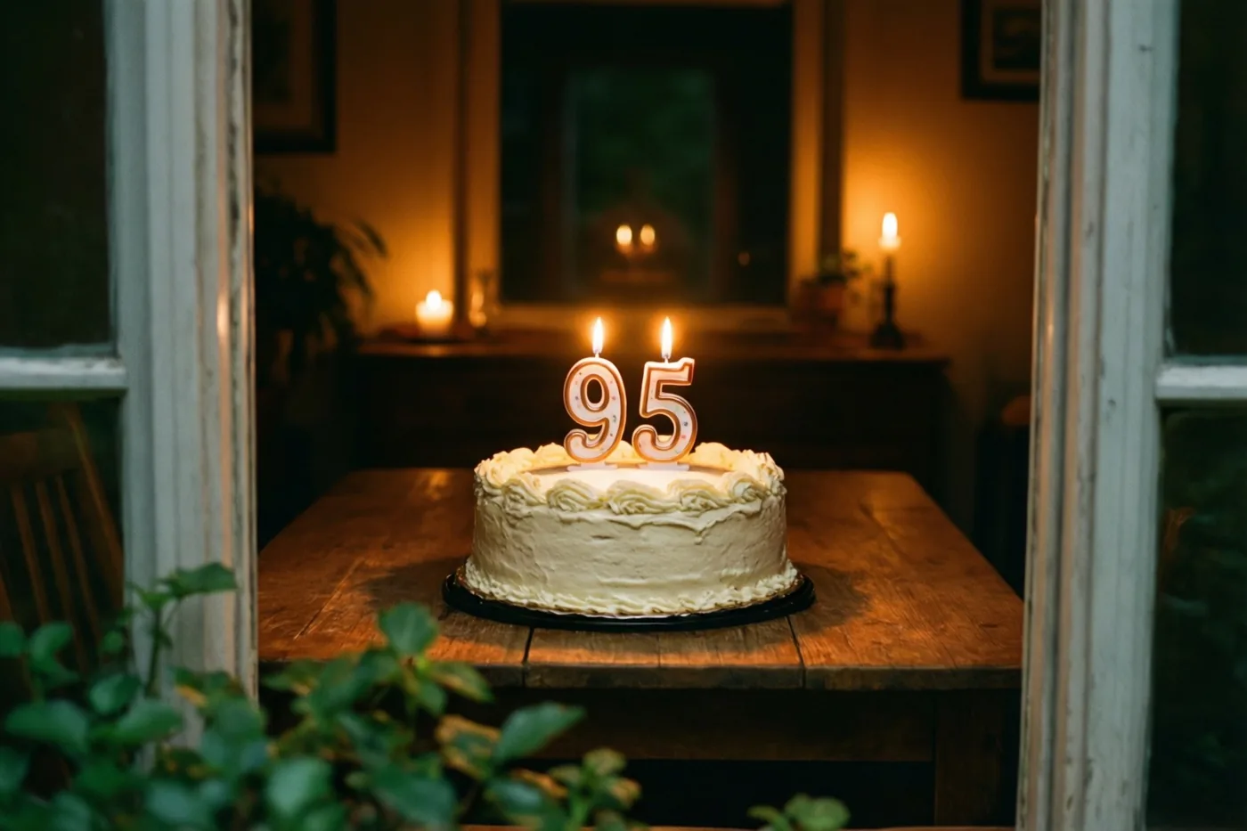Door een deuropening is een huisgemaakte roomtaart met brandende cijferkaarsen in de vorm van 95 te zien op een houten tafel in warm kaarslicht.