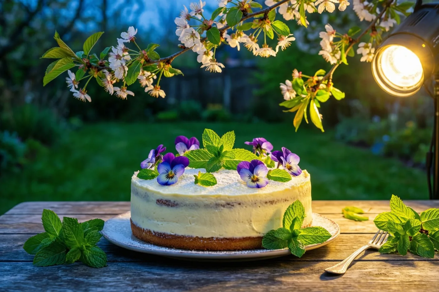 Een roomtaart met gekonfijte viooltjes en verse munt staat op een houten tuintafel onder bloeiende kersentakken, in warm goudkleurig licht met een onscherpe groene tuin op de achtergrond.