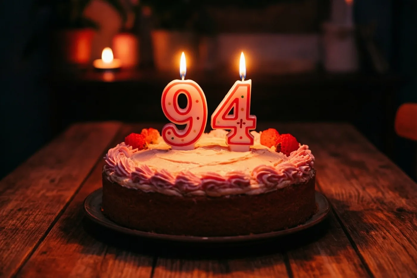 Een zelfgemaakte roomtaart met brandende cijferkaarsjes 94 staat op een houten tafel in warme oranje, bruine en roze tinten.