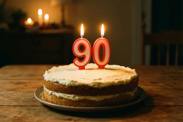 Op een houten tafel staat een huisgemaakte roomtaart met brandende cijferkaarsen die 90 vormen, in warm kaarslicht met beige, bruine en rode tinten.