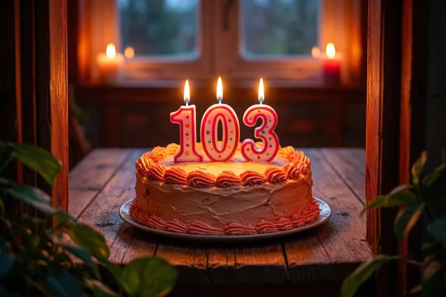 Een zelfgemaakte roomtaart met brandende cijferkaarsjes die 103 vormen staat op een houten tafel in warm kaarslicht.