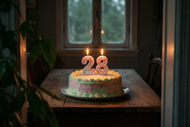 Een zelfgemaakte roomtaart met brandende cijferkaarsen in de vorm van 28 staat op een houten tafel bij een raam met groen in het zicht.