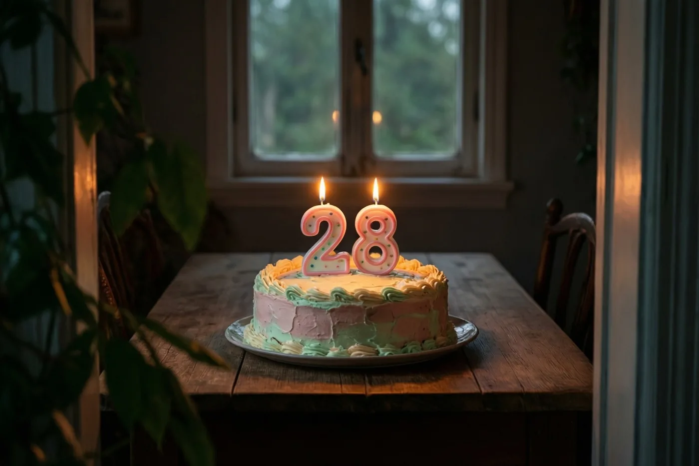 Een zelfgemaakte roomtaart met brandende cijferkaarsen in de vorm van 28 staat op een houten tafel bij een raam met groen in het zicht.
