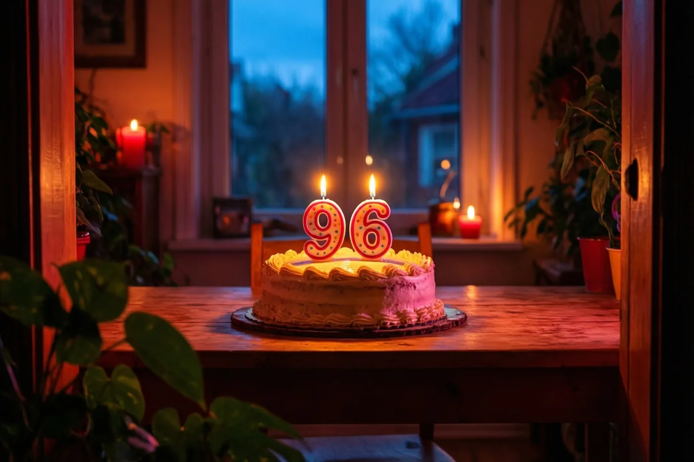 Een zelfgemaakte roomtaart met brandende cijferkaarsen 96 staat op een houten tafel, met warme oranje en roze tinten en een koelblauw raamzicht.