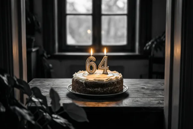 Een zelfgemaakte roomtaart met brandende cijferkaarsjes die 64 vormen staat op een houten tafel, met een raam op de achtergrond.