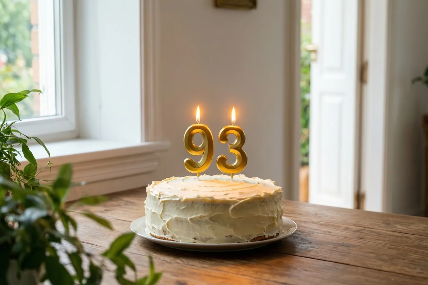 Een zelfgemaakte roomtaart met brandende cijferkaarsjes die 93 vormen staat op een houten tafel, met een raam en groen op de achtergrond.
