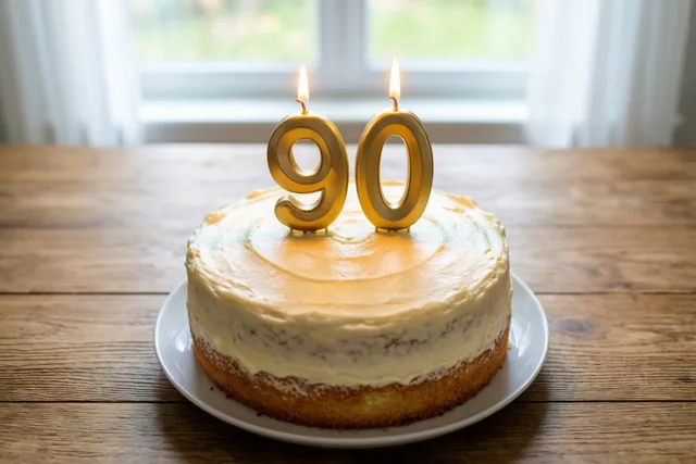 Een ronde huisgemaakte roomtaart met twee brandende gouden cijferkaarsen die 90 vormen, staat op een wit bord op een houten tafel.