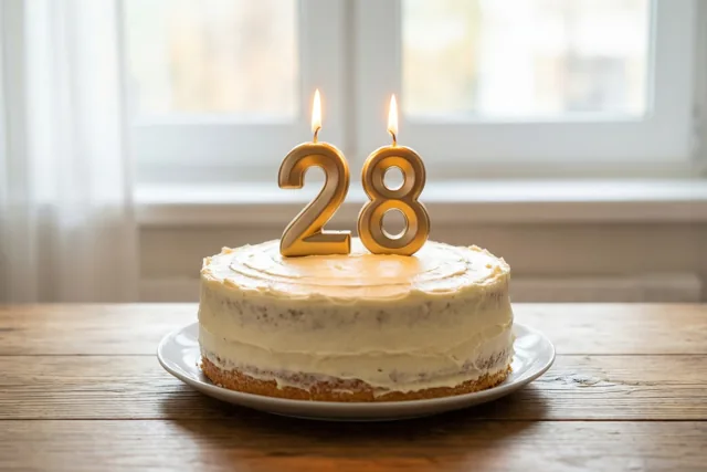 Een zelfgemaakte roomtaart met twee brandende gouden cijferkaarsen die 28 vormen staat op een wit bord op een houten tafel, met een raam op de achtergrond.