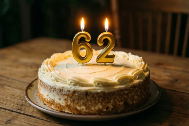 Een ronde zelfgemaakte roomtaart met brandende gouden cijferkaarsen 62 staat op een houten tafel in warm kaarslicht.