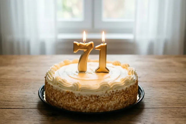 Een ronde roomtaart met gouden cijferkaarsen 71 staat op een houten tafel, met een onscherp raam en gordijnen op de achtergrond.
