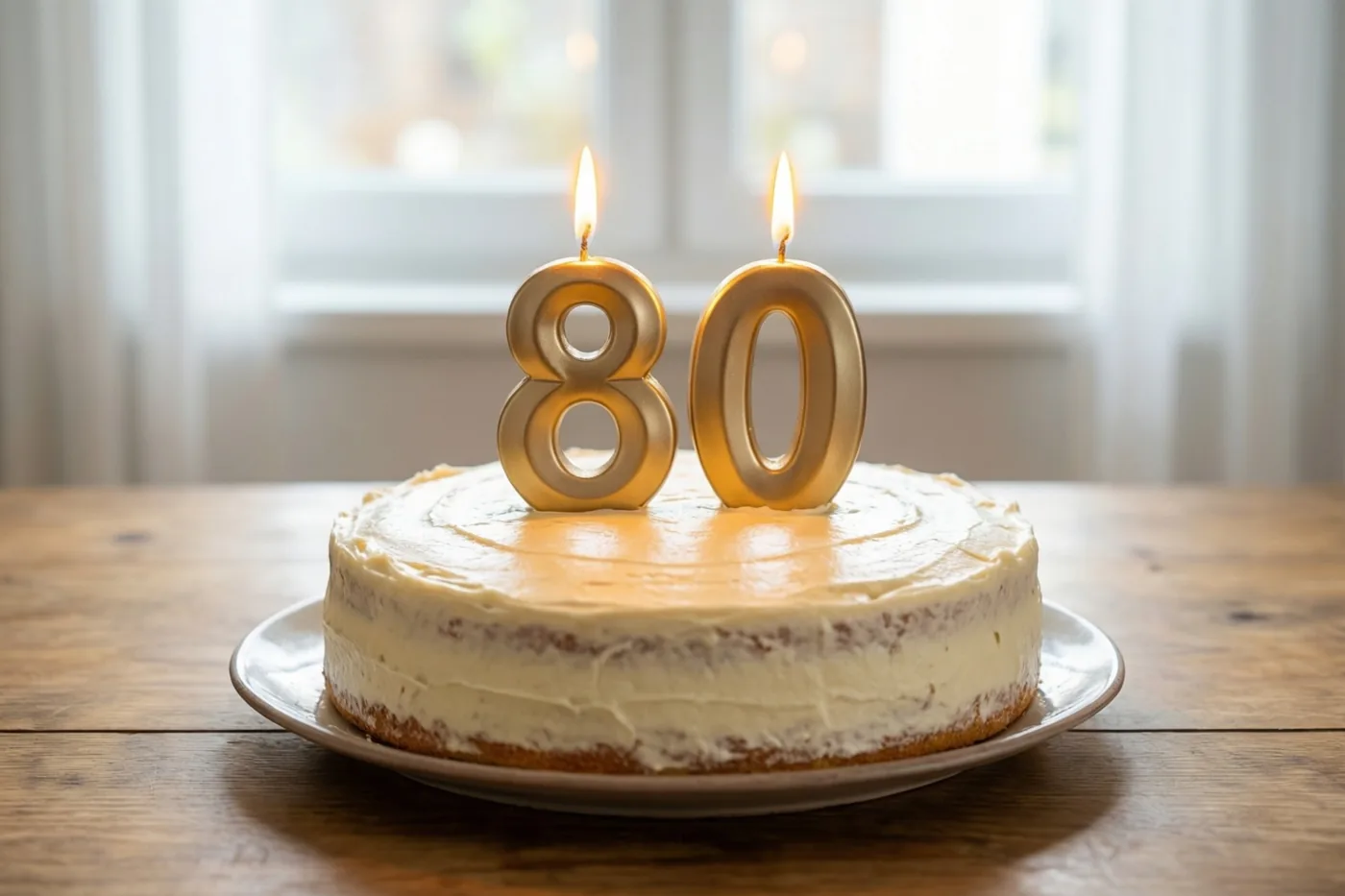 Op een houten tafel staat een ronde, huisgemaakte roomtaart met twee brandende gouden cijferkaarsen die samen 80 vormen.