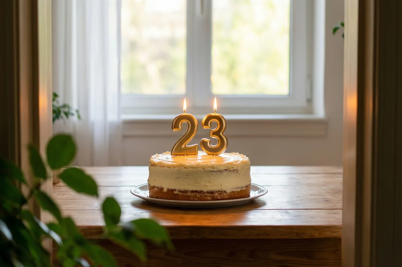 Een zelfgemaakte roomtaart met brandende gouden cijferkaarsjes die 23 vormen staat op een houten tafel, met zacht licht van een raam achteraan.