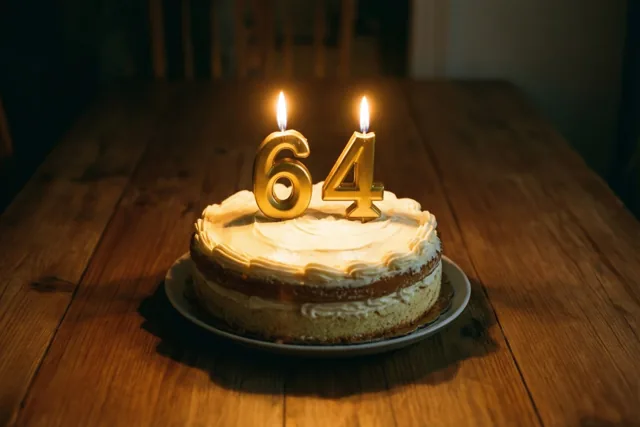 Een zelfgemaakte roomtaart met brandende gouden cijferkaarsjes die 64 vormen staat in warm kaarslicht op een houten tafel.