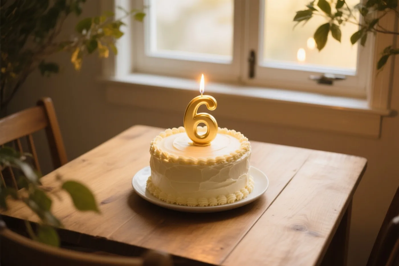 Een klein wit roomtaartje met een brandend gouden cijferkaarsje 6 staat op een houten tafel bij een raam, in daglicht en warm kaarslicht.