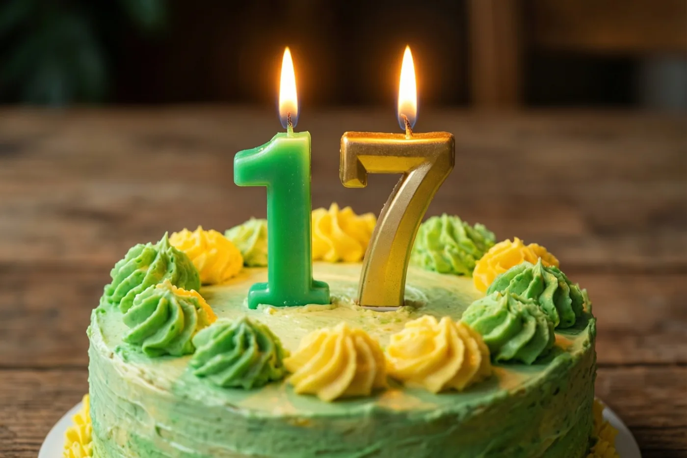 Een ronde roomtaart met groen en geel glazuur en brandende cijferkaarsjes 17 staat op een houten tafel in warm kaarslicht.