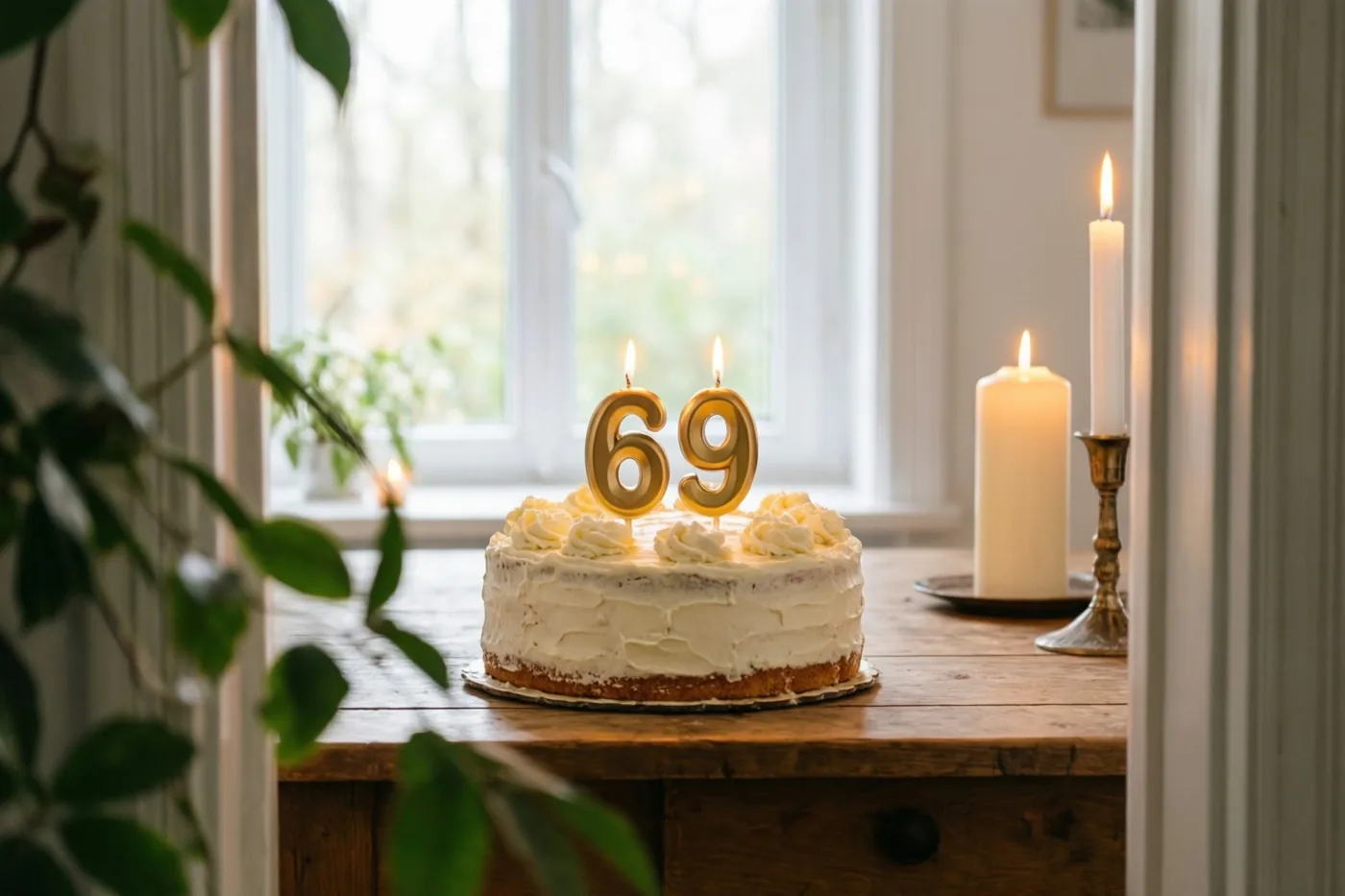 Een zelfgemaakte roomtaart met brandende gouden cijferkaarsjes die 69 vormen staat op een houten tafel bij een raam, met zacht daglicht en groen op de voorgrond.