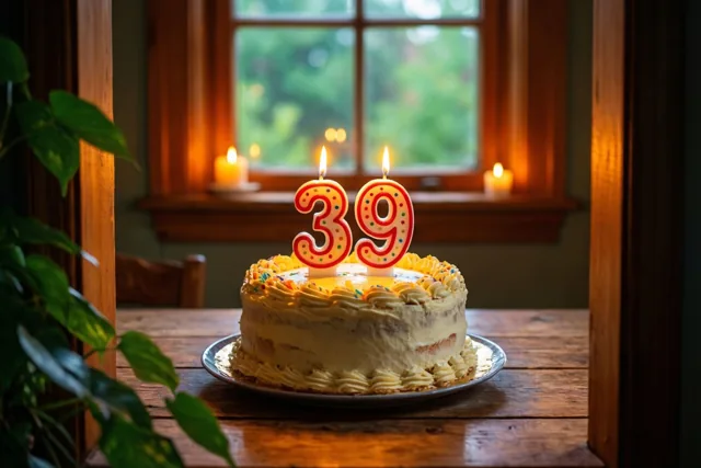 Een zelfgemaakte roomtaart met brandende cijferkaarsjes die 39 vormen staat op een houten tafel, met kaarslicht op de achtergrond en groene bladeren links.
