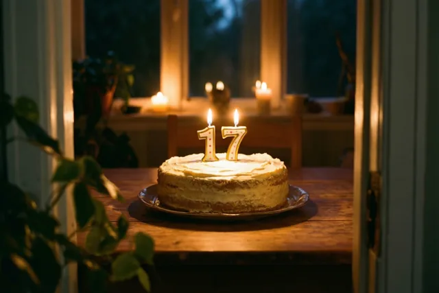Een zelfgemaakte roomtaart met brandende cijferkaarsjes 17 staat op een houten tafel, met onscherpe kaarsen en groen op de achtergrond.