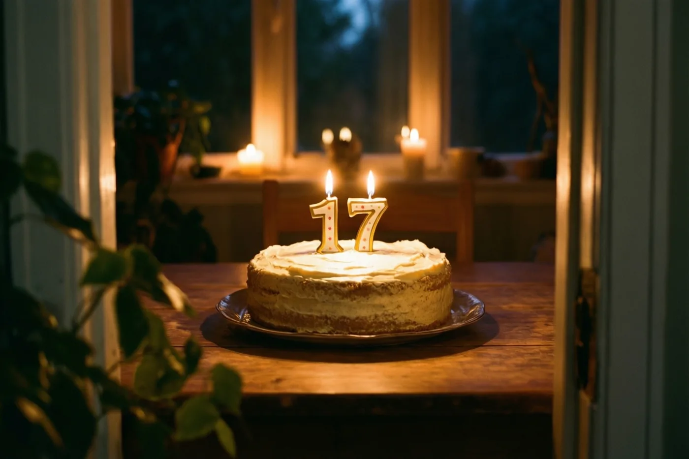 Een zelfgemaakte roomtaart met brandende cijferkaarsjes 17 staat op een houten tafel, met onscherpe kaarsen en groen op de achtergrond.
