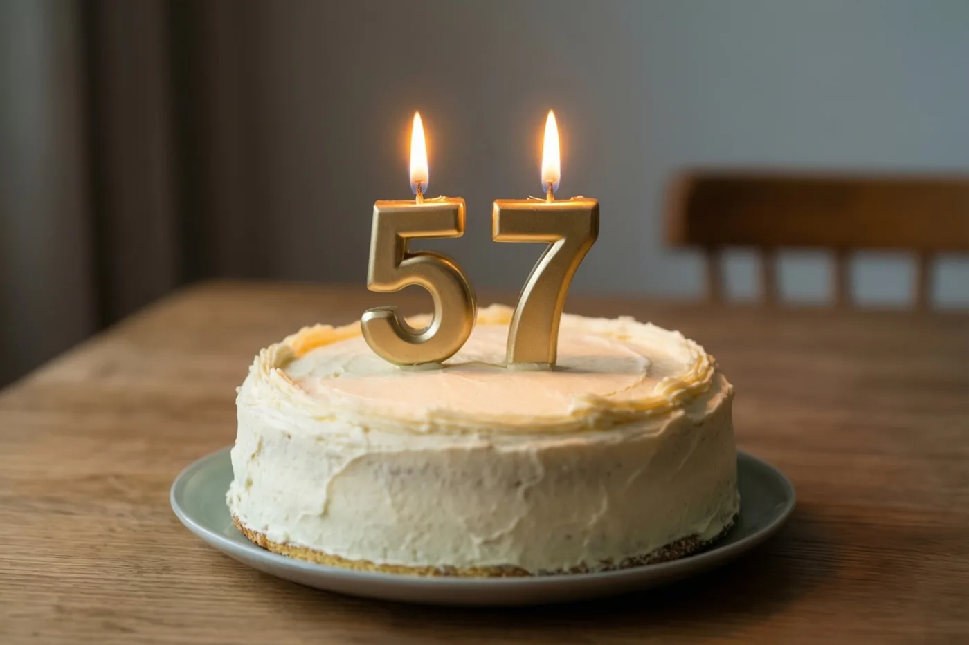 Een zelfgemaakte roomtaart met brandende cijferkaarsjes 57 staat op een houten tafel in warm kaarslicht.