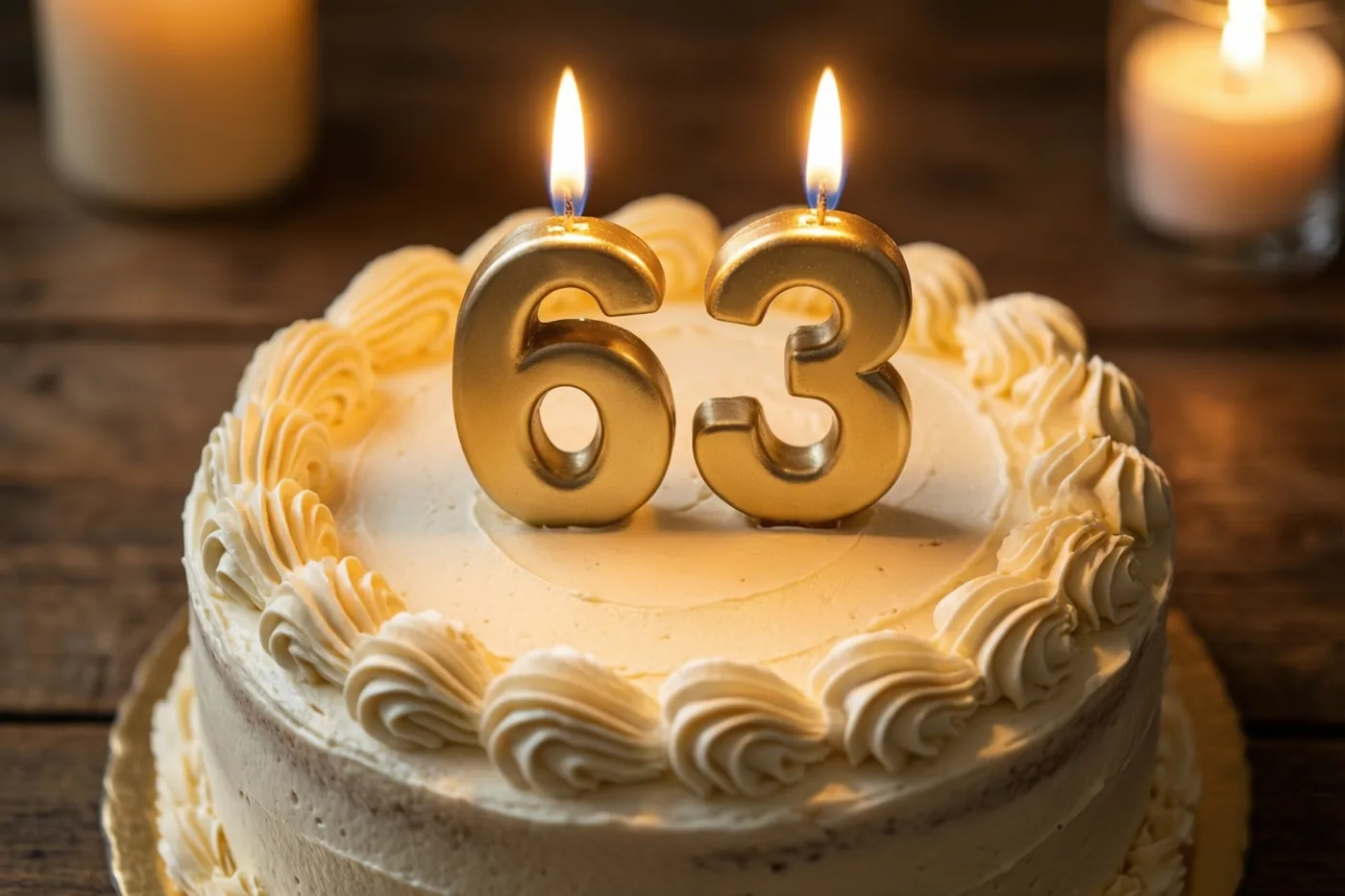 Een ronde roomtaart met opgespoten glazuur en twee brandende gouden cijferkaarsen die 63 vormen staat op een houten tafel.