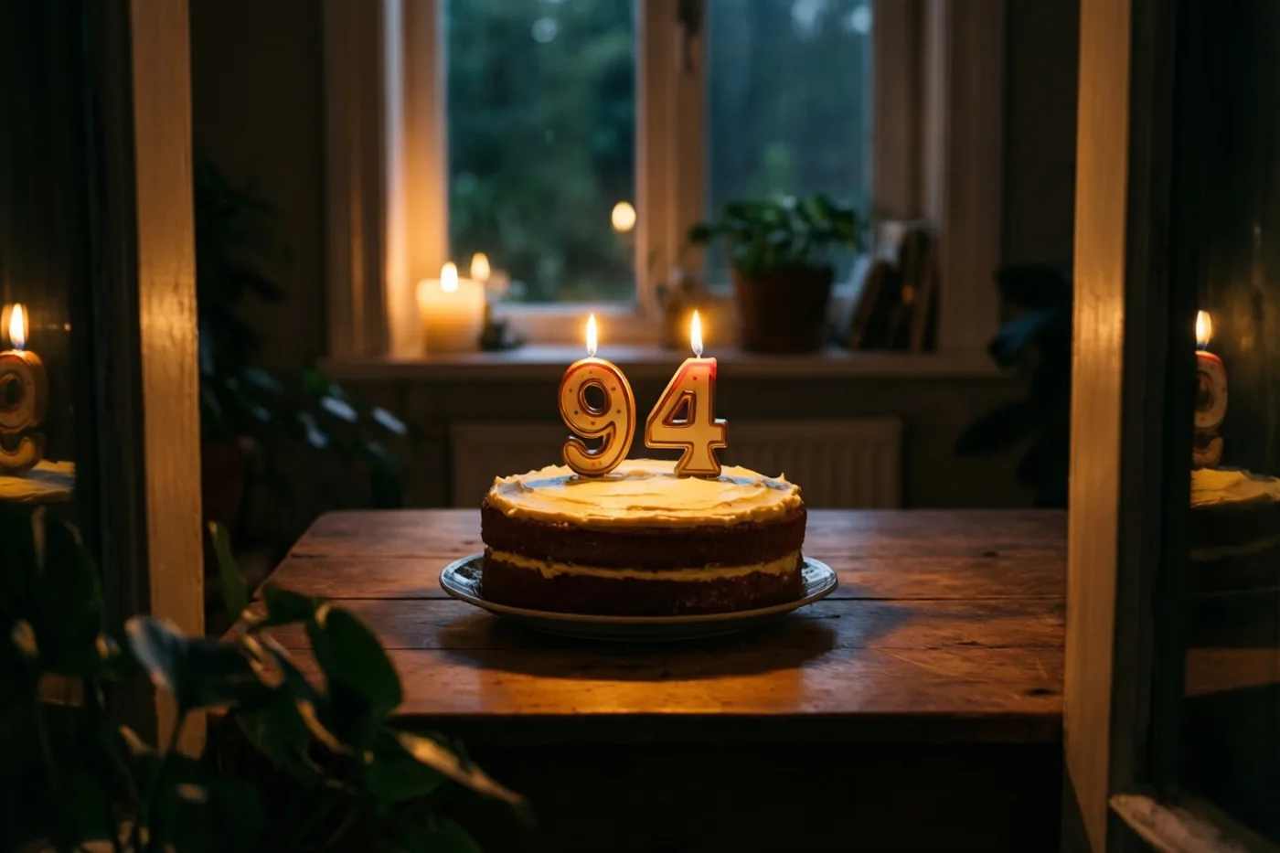 Een zelfgemaakte roomtaart met brandende cijferkaarsjes 94 staat op een houten tafel in zacht kaarslicht, met groene planten op de achtergrond.