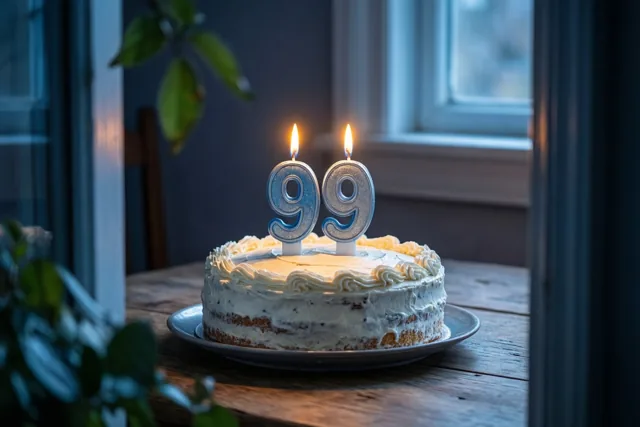 Een zelfgemaakte roomtaart met twee brandende cijferkaarsen 99 staat op een houten tafel, met een raam en groen op de achtergrond.