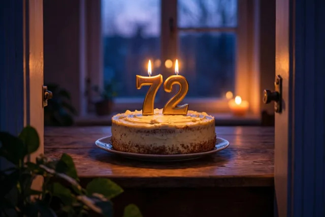 Een zelfgemaakte roomtaart met brandende cijferkaarsen 72 staat op een houten tafel in een kamer met een raam op de achtergrond.