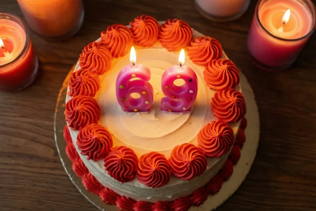 Een ronde roomtaart met rode opgespoten versiering en twee brandende roze cijferkaarsjes die 69 vormen staat op een houten tafel, verlicht door kaarsen eromheen.