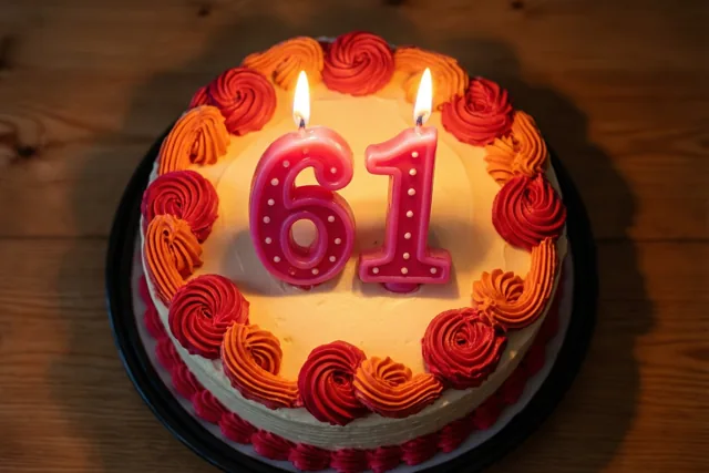 Een ronde roomtaart met rode en oranje glazuurrozetten en brandende roze cijferkaarsjes 61 staat op een houten tafel in warm kaarslicht.