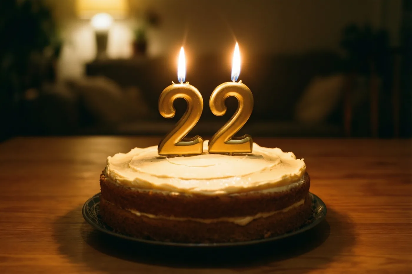 Een zelfgemaakte roomtaart met twee brandende gouden cijferkaarsjes die 22 vormen staat op een houten tafel in warm kaarslicht.