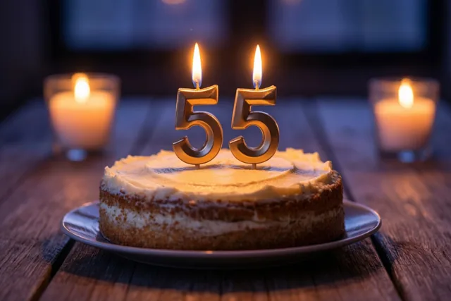 Een huisgemaakte roomtaart met twee brandende cijferkaarsjes 55 staat op een houten tafel, verlicht door kaarsen rondom.