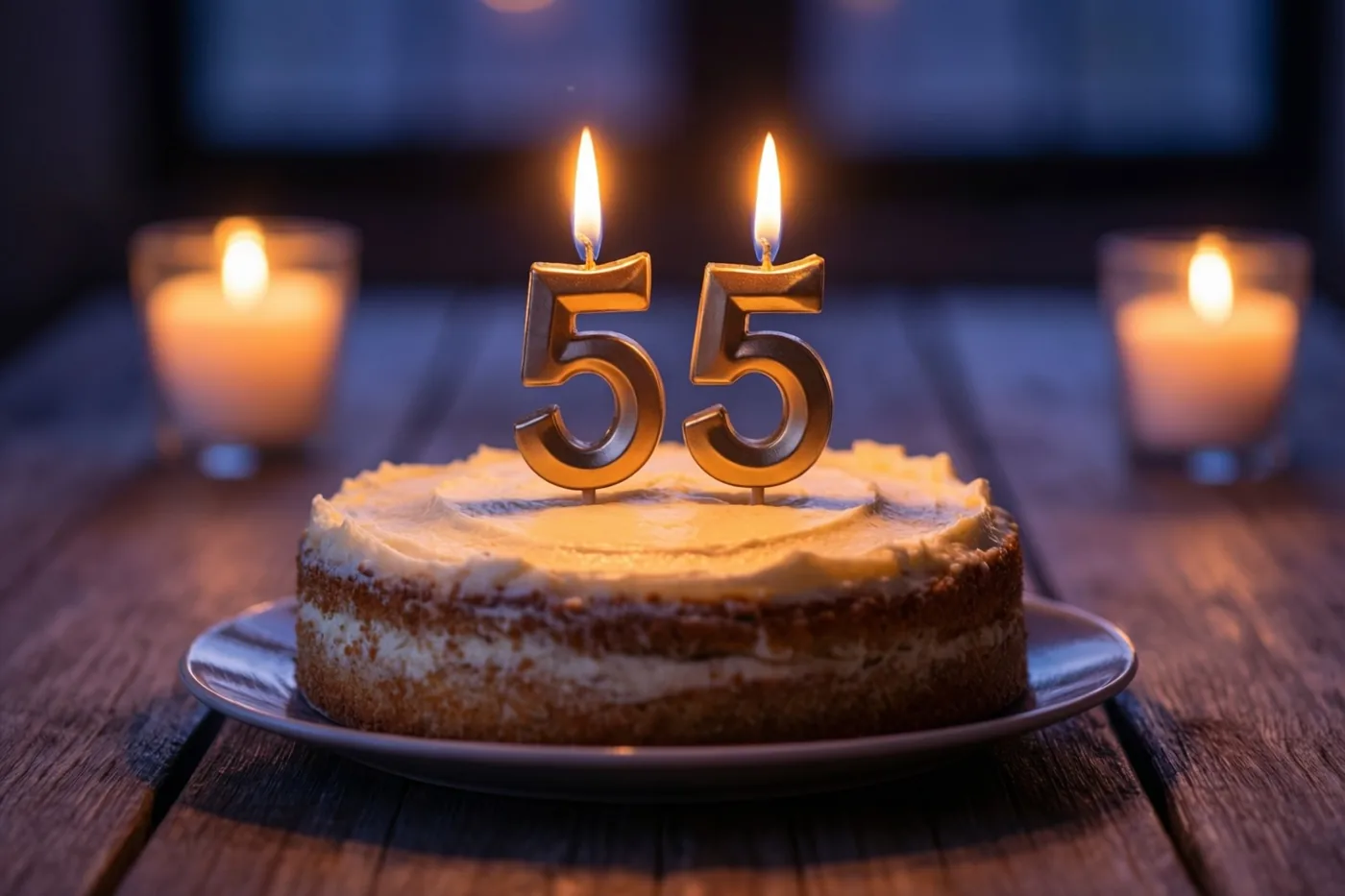 Een huisgemaakte roomtaart met twee brandende cijferkaarsjes 55 staat op een houten tafel, verlicht door kaarsen rondom.