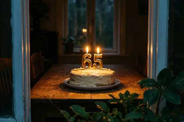 Een zelfgemaakte roomtaart met brandende cijferkaarsjes 65 staat op een houten tafel in een schemerige kamer, met een raam achteraan en groen op de voorgrond.