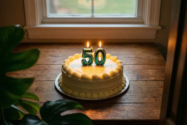 Een ronde roomtaart met opgespoten versiering en brandende cijferkaarsjes 50 staat op een houten tafel, met een raam en groene bladeren op de achtergrond.